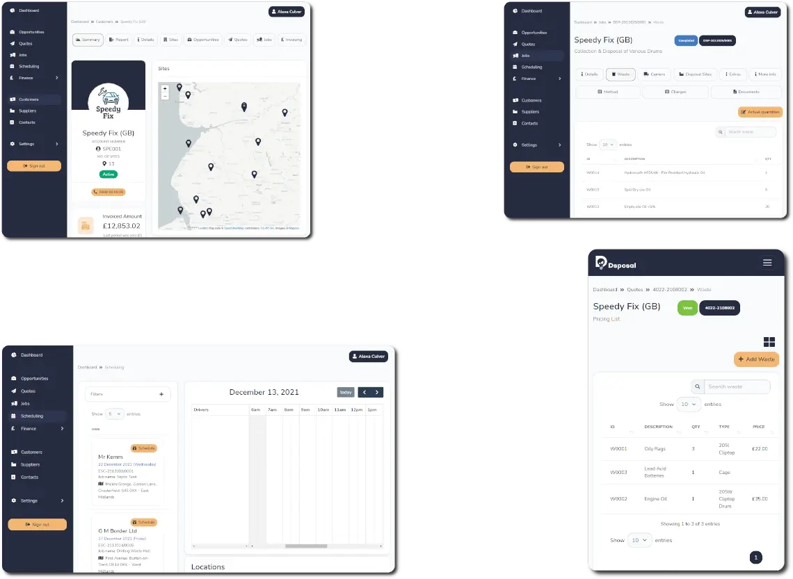 Collage of various screenshots of Dsposal's Paperwork CRM Software for the Waste Industry