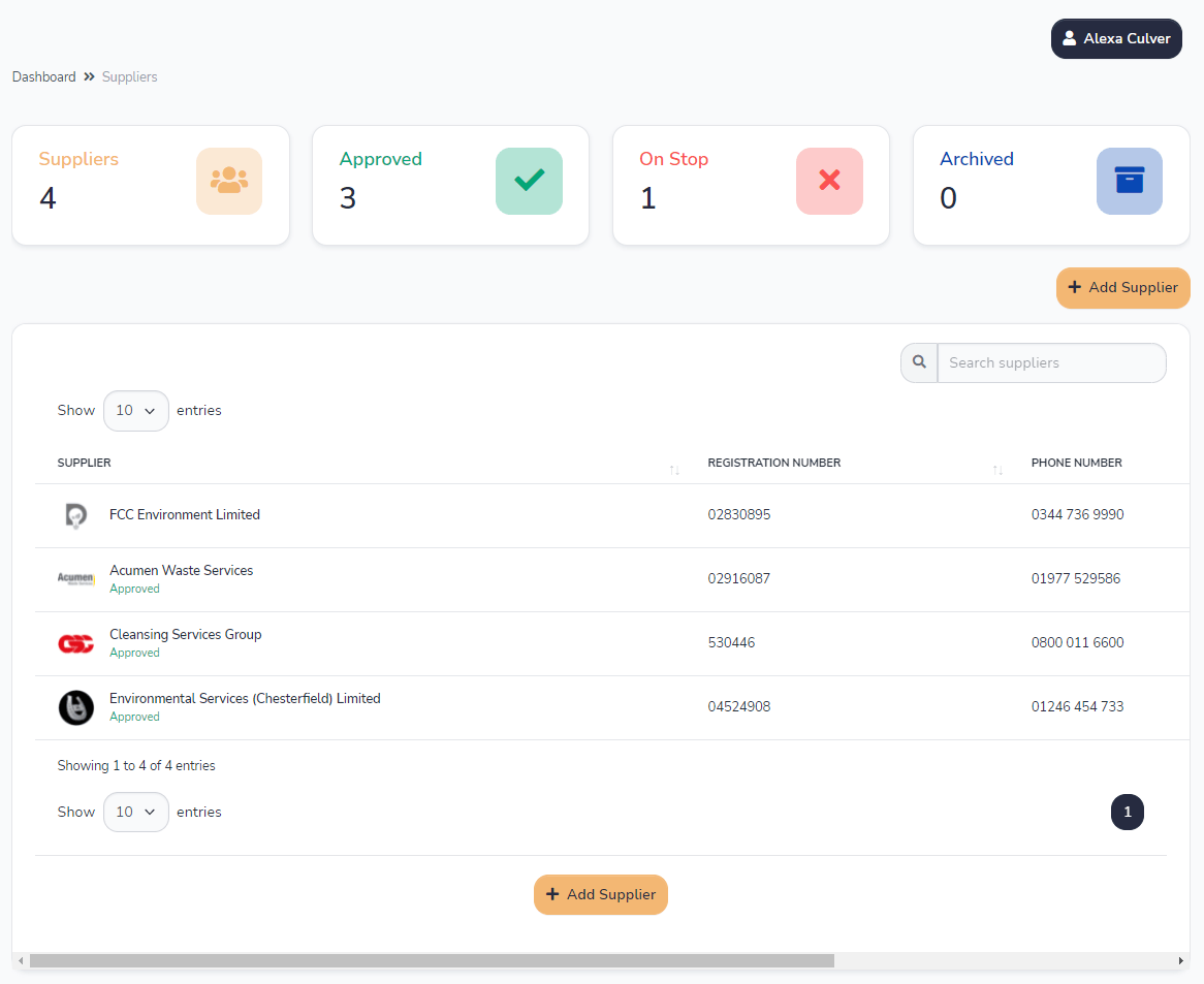 Screen capture showcasing supplier management features in the waste enterprise management system