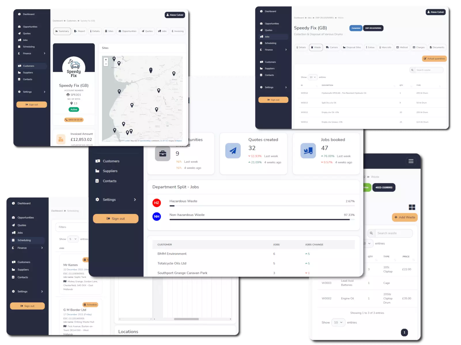 Collage of various screenshots of Dsposal's Paperwork CRM Software for the Waste Industry