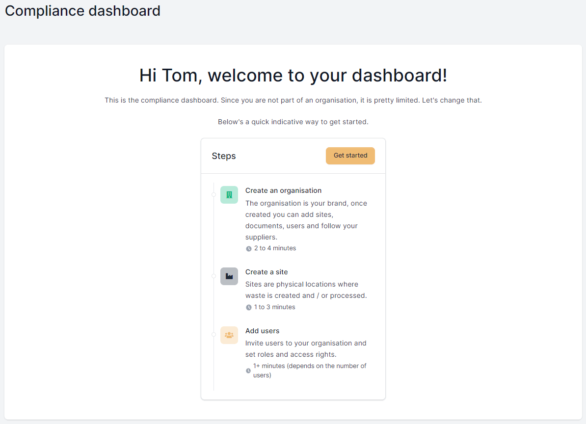 Screengrab of the compliance dashboards organisation wizard